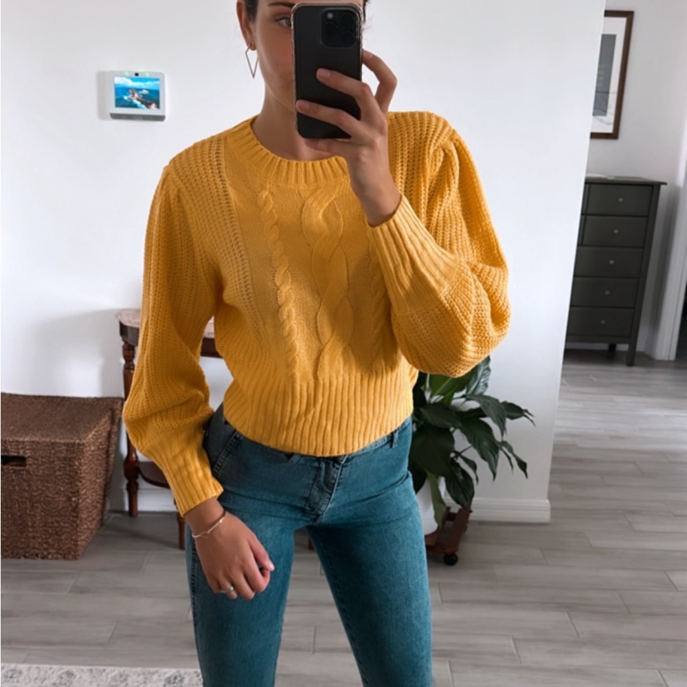 NEW Yellow Frill Crew Neck Sweater - Chic Lantern Sleeve Knit FALL Pullover / S